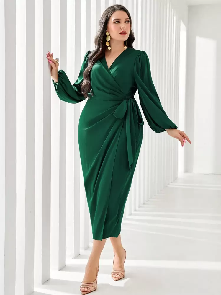 Modelyn Plus Lantern Sleeve Knot Side Wrap Dress Long Evening Dresses |  SHEIN USA