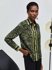 Maija Allover Print Button Front Shirt,Long Sleeve Tops