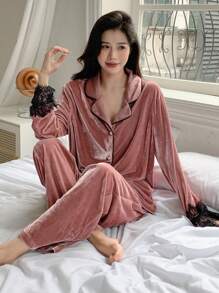 DAZY Ren tương phản Nút phía trước Bộ PJ - Hồng - Xem 3