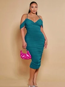 SHEIN BAE Plus Cold Shoulder Ruched Bodycon Dress - Teal Blue - View 5