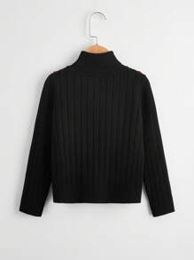 SHEIN Tween Girl Contrast Trim High Neck Sweater - Black - View 2