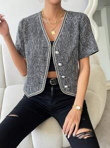 SHEIN Privé Contrast Trim Button Front Jacket - Black and White - View 5