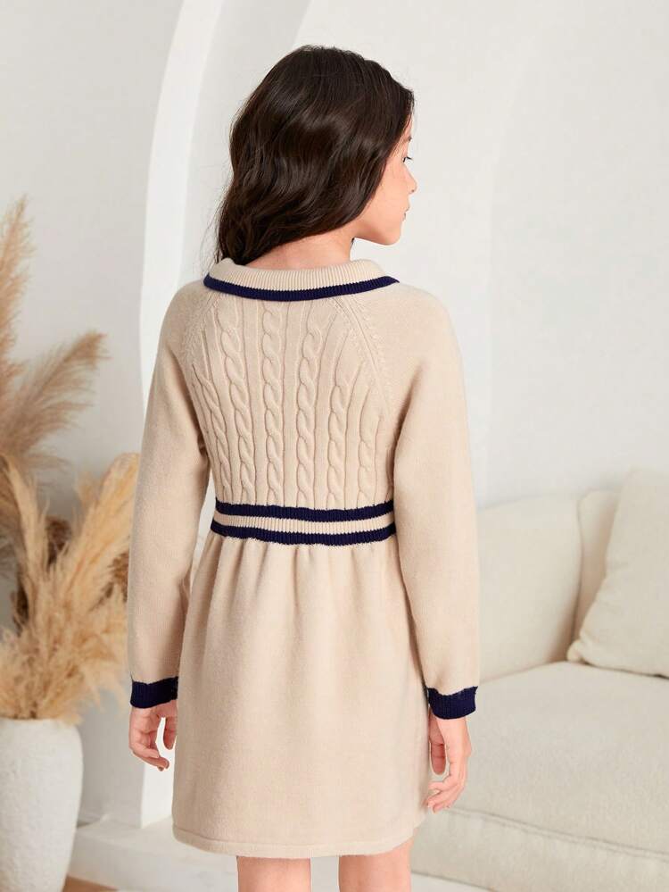 Tween Girl Striped Trim Cable Knit Sweater Dress