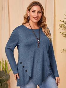 EMERY ROSE Plus Button Detail Scallop Trim Tee - Blue - View 5