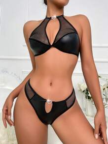 Rhinestone Studded Cut Out Mesh Lingerie Set - Black - View 1