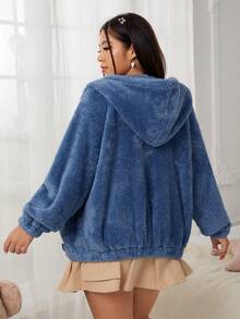 SHEIN EZwear Hơn Phim hoạt hình vá Chi tiết Túi Kép áo có mũ Áo Teddy Jackets - Màu xanh lam - Xem 3