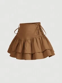 SHEIN MOD 腰部綁帶荷葉邊半身裙 - 棕色 - 查看 3