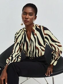 Maija Zebra Striped Print V Neck Blouse - Multicolor - View 3