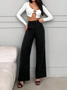 EURMUSE Slant Pocket Wide Leg Suit Pants - Black - View 7