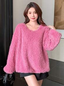DAZY Solid Drop Shoulder Oversized Fluffy Knit Tee - Pink - View 7