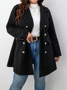 SHEIN Clasi 大碼雙排釦翻蓋細節花呢外套 - 黑色 - 查看 4