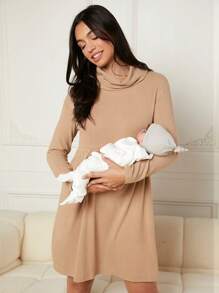 SHEIN Maternity Solid High Neck Nursing Smock Dress - Khaki - View 3