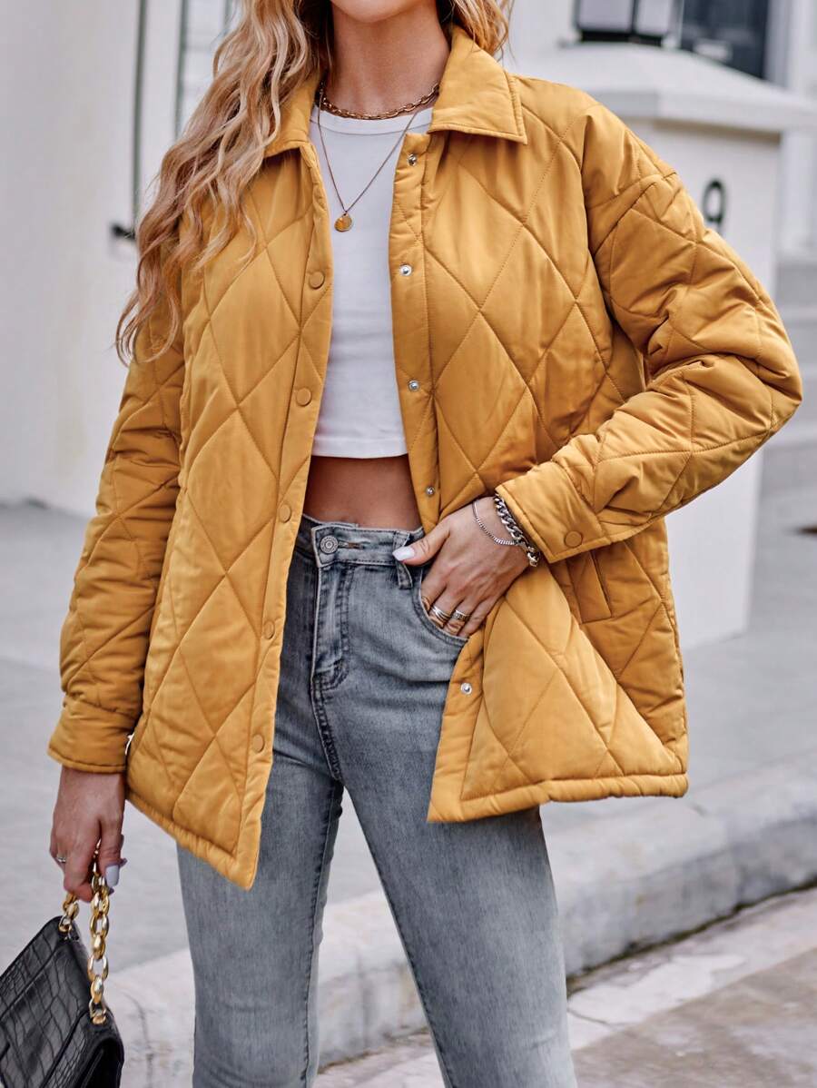 SHEIN Essnce Abrigo acolchado con botones y hombros caídos para el invierno - Amarillo - Ver 1