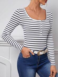 SHEIN Essnce Striped Print Half Button Tee - Blue and White - View 4