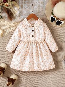 Young Girl Floral Print Half Button Dress - White - View 1
