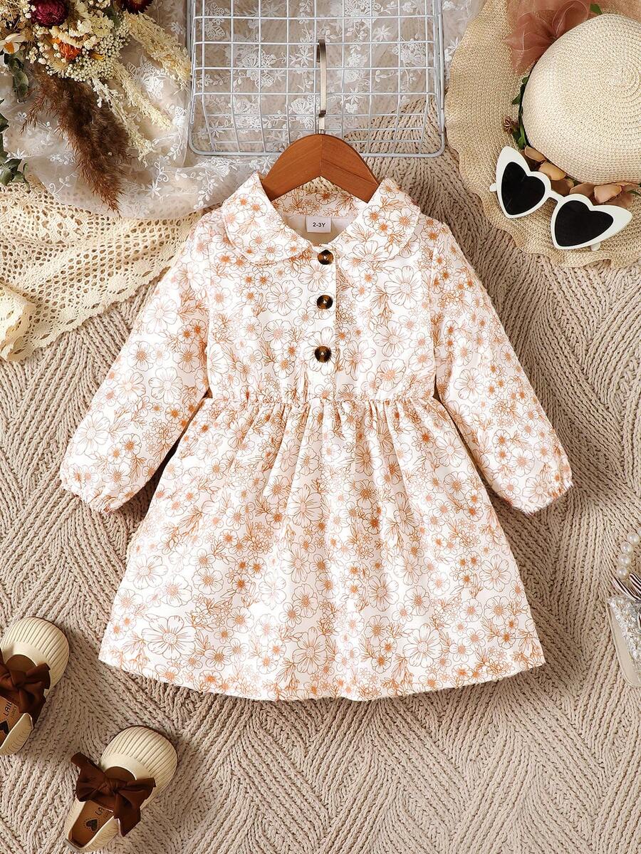 Young Girl Floral Print Half Button Dress - White - View 1
