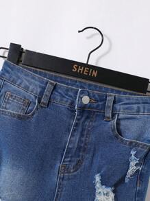 SHEIN Tween Boy Ripped Frayed Raw Trim Ripped Frayed Bleach Wash Jeans - Dark Wash - View 7