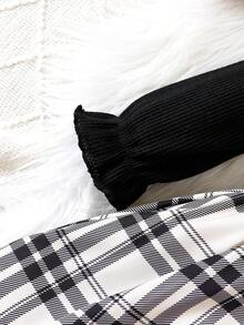 女嬰格紋印花荷葉袖假兩件洋裝 - 黑色 - 查看 6