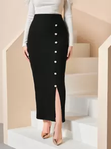 Modelyn Viền Ruffle Nút phía trước Chân Váy xẻ - màu đen - Xem 6