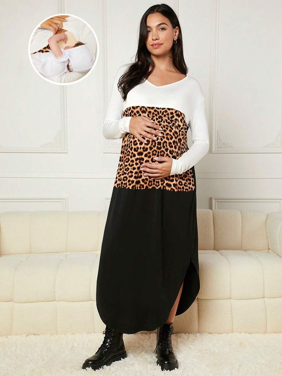 SHEIN Thai sản In hoa Báo Khối màu Điều dưỡng Váy áo thun - Nhiều màu - Xem 1