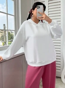 SHEIN EZwear Áo nỉ cỡ lớn in chữ, kiểu vai rớt. - trắng - Xem 2