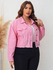 SHEIN LUNE 大碼破洞毛邊落肩袖牛仔夾克 - 粉色 - 查看 4