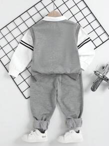 SHEIN Young Boy Toddler Boys Contrast Collar Striped 2 In 1 Pullover & Sweatpants - Grey - View 2