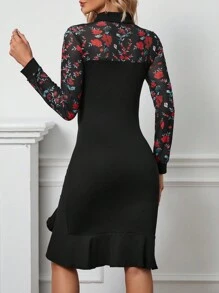 SHEIN Unity 印花前鏤空荷葉邊緊身洋裝 - 黑色 - 查看 2