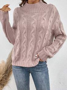 SHEIN LUNE Mock Neck Cable Knit Drop Shoulder Sweater