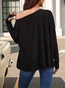 SHEIN LUNE 素色不對稱領蝙蝠袖T恤 - 黑色 - 查看 2