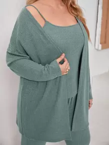 EMERY ROSE Plus Solid Cami Top & Knot Front Skinny Pants & Coat