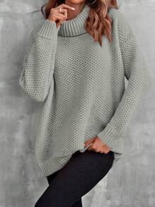 SHEIN LUNE Turtleneck Drop Shoulder Pointelle Knit Sweater - Grey - View 3
