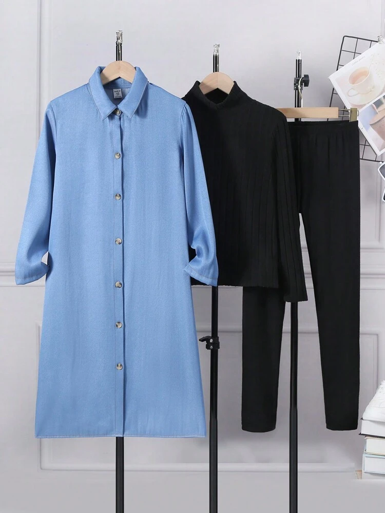 Tween Girl 3pcs/Set Long Coat, Turtleneck Top And Pants, For Autumn