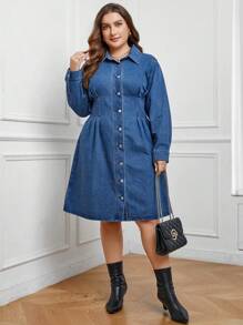 SHEIN Privé Plus Button Front Fold Pleated Detail Denim Dress - Medium Wash - View 1