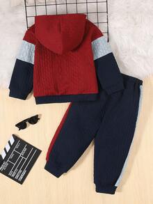 2 Miếng Chàng trai trẻ Giải trí Thoải mái Đúng mốt Đơn giản Mềm mại Thực tế Ấm áp Khối màu Kết cấu Chất vải Với Trang trí Huy hiệu Hoodie Và Textured Chất vải Vá lại Quần thể thao  Thích hợp Đối với Mùa thu Và Mùa Đông - Màu Đỏ Sâu - Xem 2