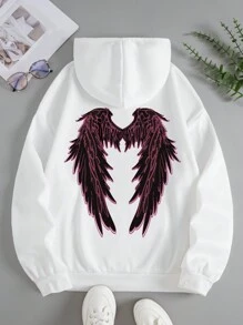 SHEIN EZwear Plus Size Wings Print Drawstring Thermal Lined Sweatshirt - White - View 1