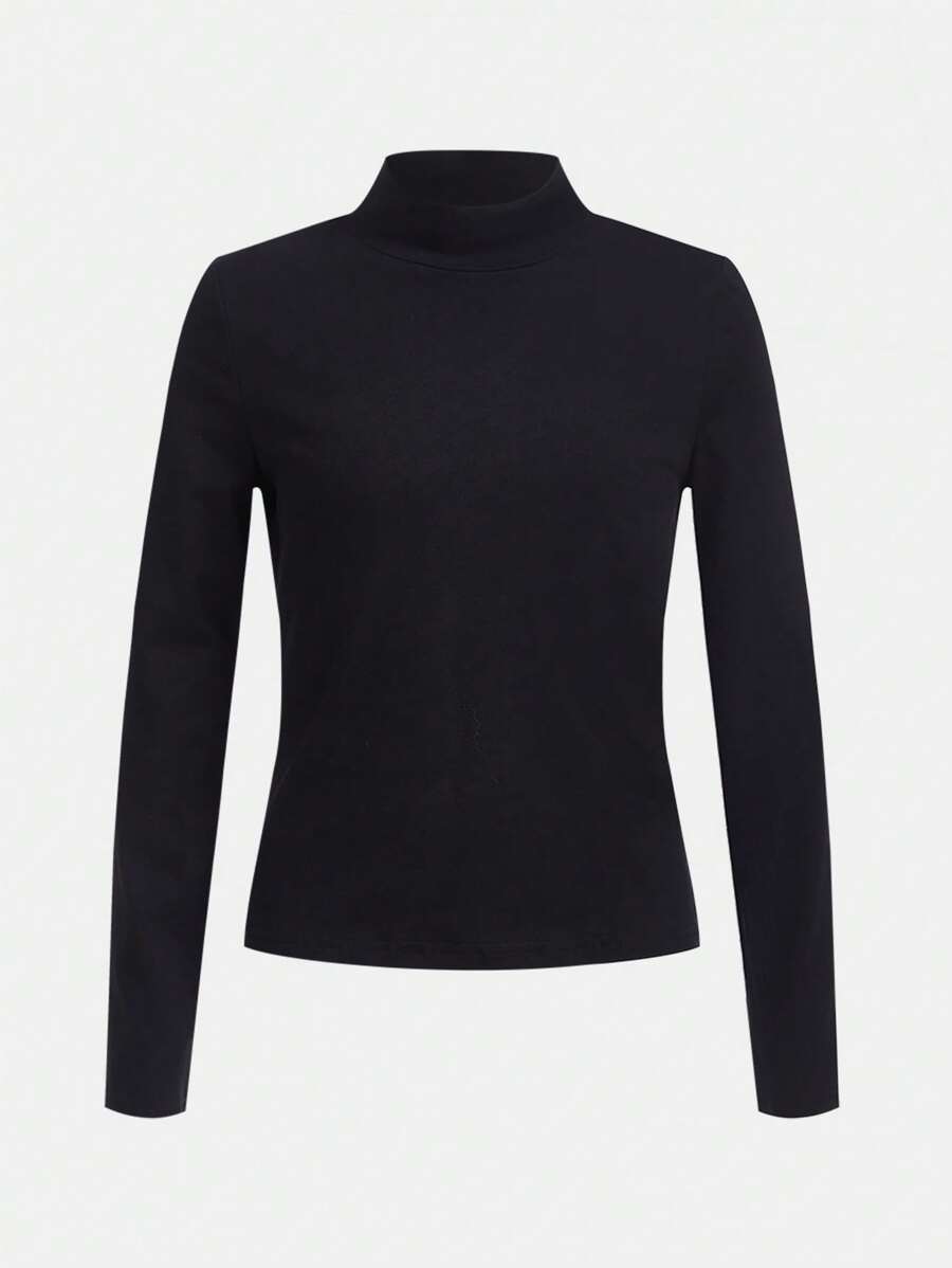 SHEIN 女大童小高領素色T恤 - 黑色 - 查看 1