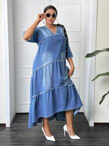 SHEIN SXY 大碼毛邊多層荷葉邊娃娃牛仔洋裝 - 中等水洗藍 - 查看 6