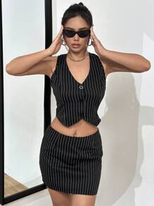 SHEIN Unity Striped Print Button Front Vest Coat & Skirt - Black - View 3