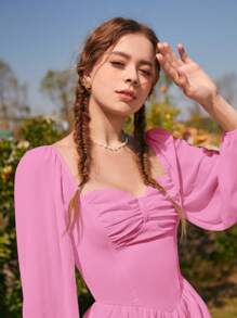 SHEIN MOD Sweetheart Neck Lantern Sleeve Ruched Bust Flare Hem Date Night Pink Dress - Hot Pink - View 5