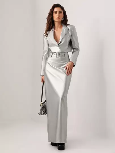 Mathilde Lhomme Designer Solid PU Leather Belted Maxi Elegant Skirt, For Summer, Holiday, Party, New Year Eve, Festival