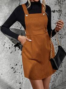SHEIN Frenchy Solid Pocket Front Overall Dress Without Sweater - Khaki - View 3