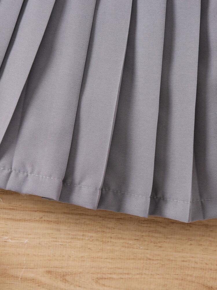 Young Girl Letter Patched Striped Trim Varsity Jacket & Pleated Skirt