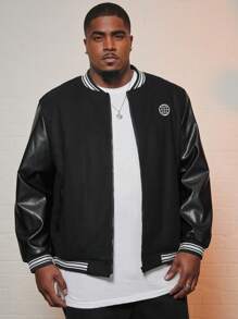 Manfinity Homme Men Plus Letter Patched Striped Trim Bomber Jacket - Black - View 2