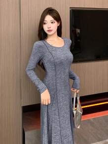 DAZY 素色接縫細節A字洋裝 - 藍色 - 查看 4