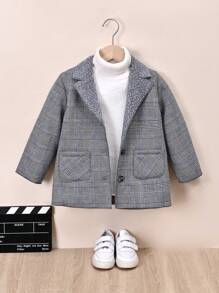 男小童1入組格紋印花毛絨內襯花呢外套 - 灰色 - 查看 1