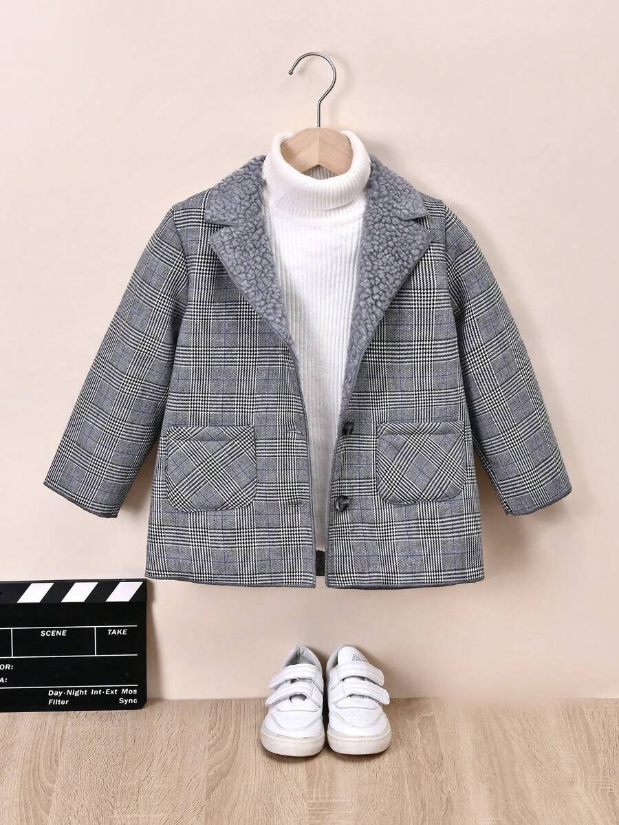 男小童1入組格紋印花毛絨內襯花呢外套 - 灰色 - 查看 1