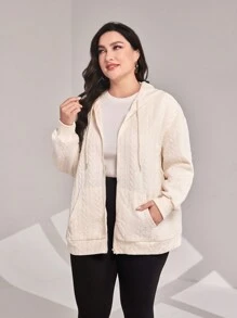 Mulvari 加大码拉链落肩抽绳卫衣 - 米色 - 查看 3