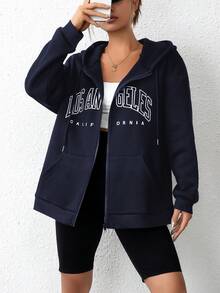 SHEIN EZwear Capucha con estampado de letra con cremallera de hombros caídos con cordón con forro térmico - Azul Marino - Ver 6