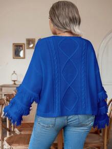 Calvaya 大碼流蘇邊落肩袖麻花編織套頭毛衣 - 藍色 - 查看 2